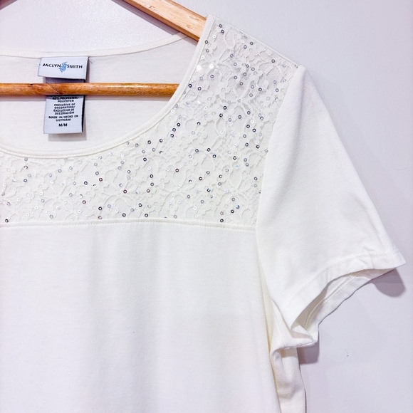 JACLYN SMITH Cream Lace Sequin Short Sleeve Top | Medium * - Picture 4 of 6